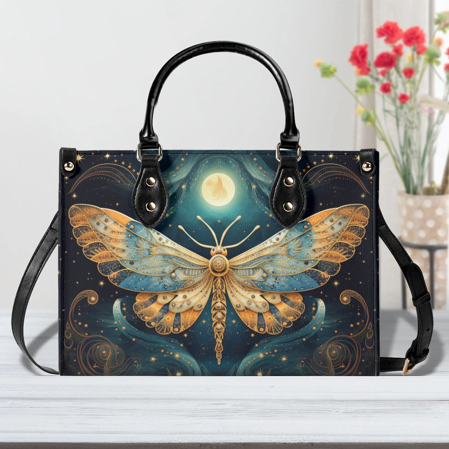 Lunar Moth Chic Tote Handbag. Mystical Handbag, Waterproof PU Leather Tote, Top Handle Vegan Leather, Crossbody, Shoulder bag.