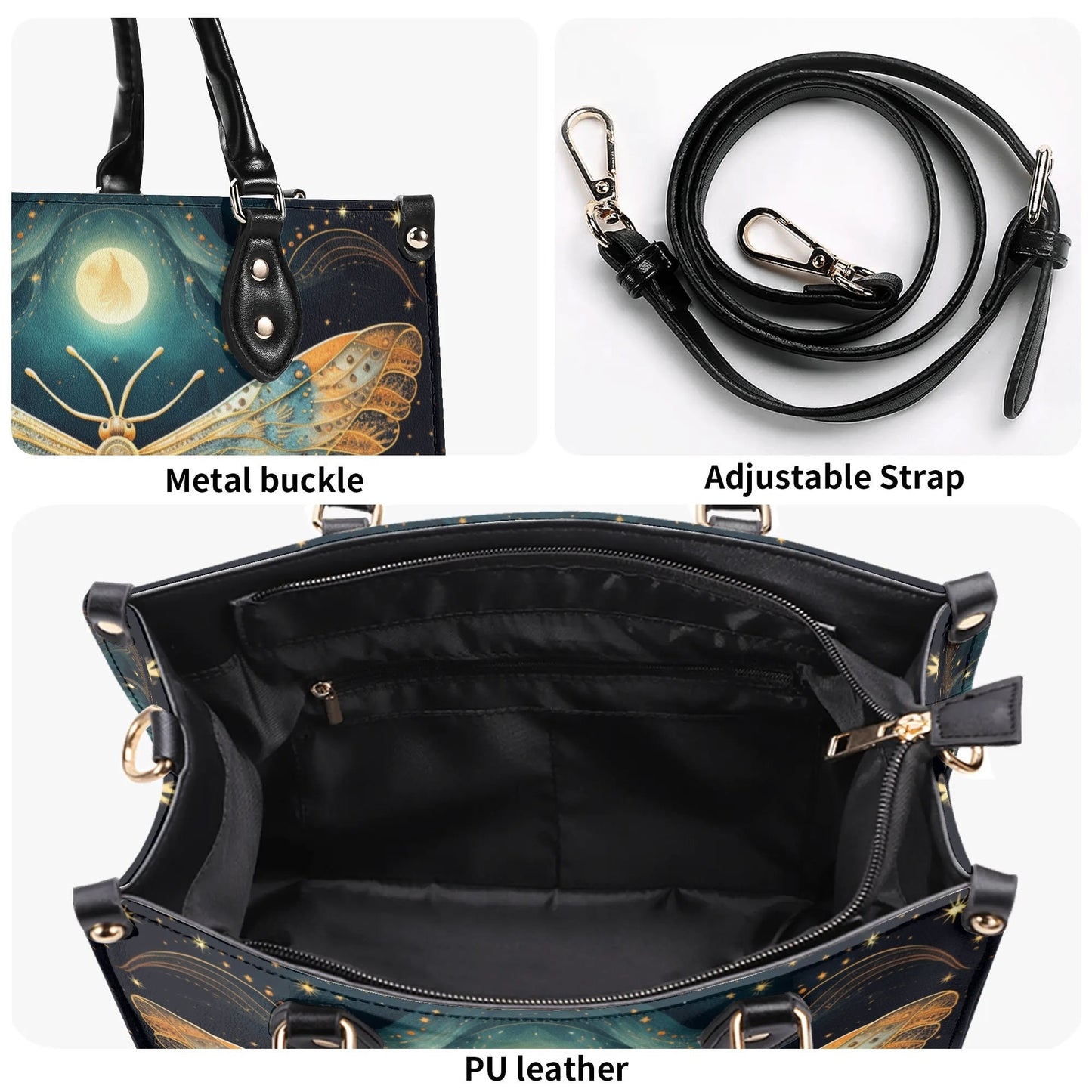 Lunar Moth Chic Tote Handbag. Mystical Handbag, Waterproof PU Leather Tote, Top Handle Vegan Leather, Crossbody, Shoulder bag.