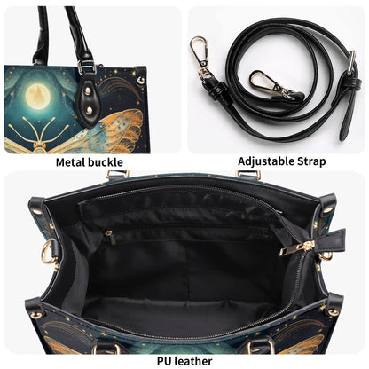 Lunar Moth Chic Tote Handbag. Mystical Handbag, Waterproof PU Leather Tote, Top Handle Vegan Leather, Crossbody, Shoulder bag.