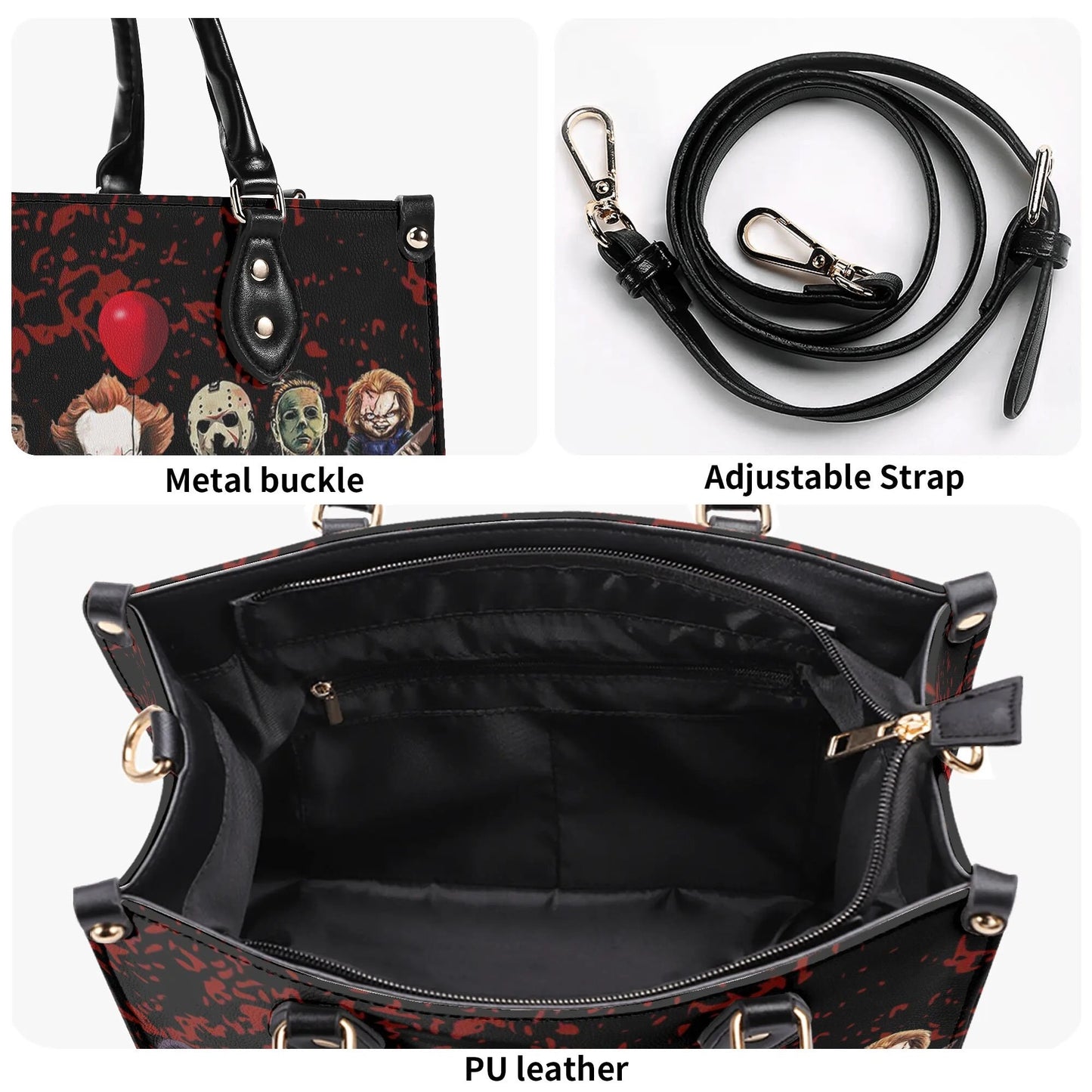 Psycho Friends Tote Handbag. Horror Handbag, Waterproof PU Leather Tote, Top Handle Vegan Leather, Crossbody, Shoulder bag.