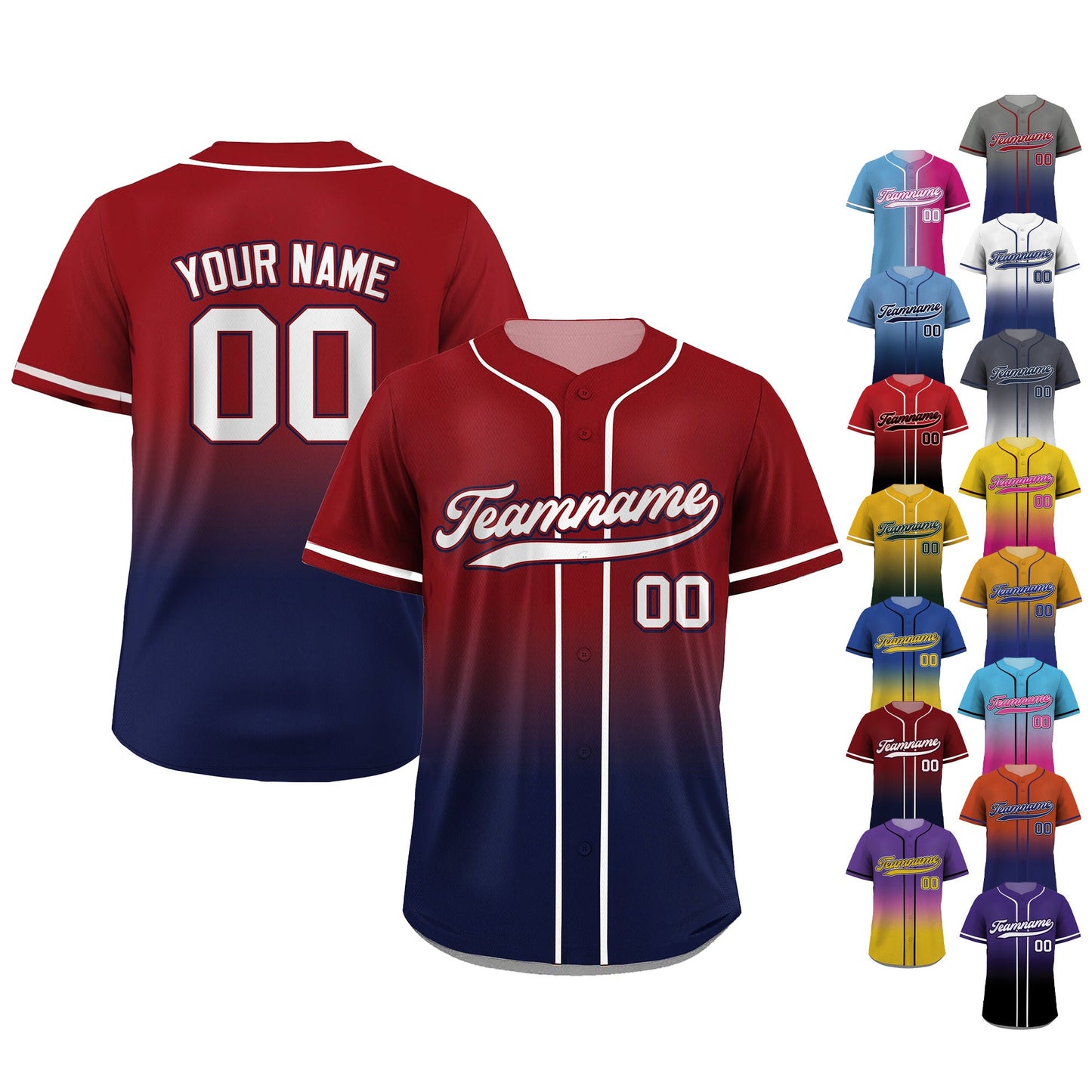 Printed Navy Red Gradient Custom Baseball Jersey with Teamname Name Number, Jerseys Shirt for Men Women Youth Kid, Gifts for Baseball Fans