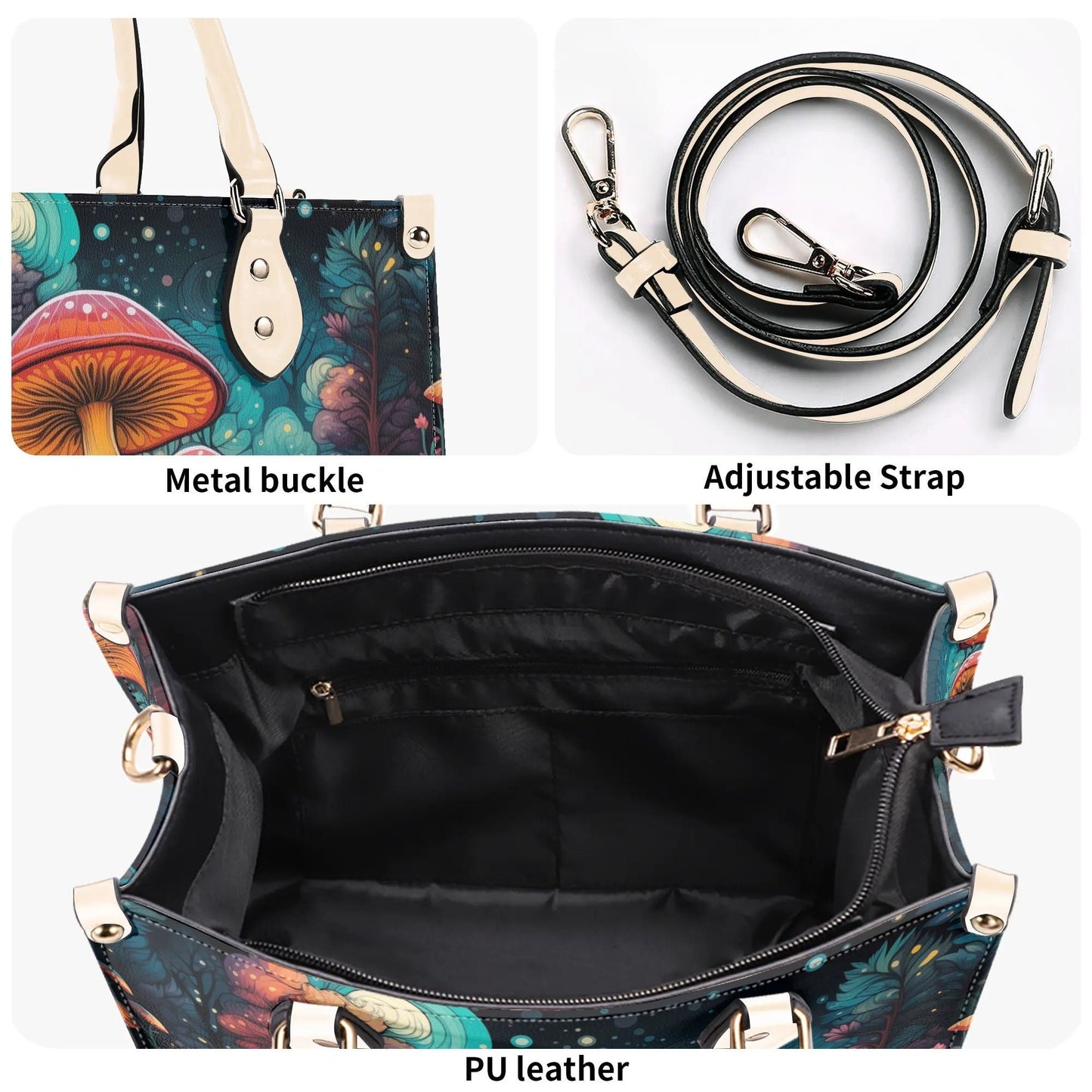 Enchanted Mushroom Grove Tote Handbag. Square Handbag, Waterproof PU Leather Tote, Top Handle Vegan Leather, Crossbody, Shoulder bag.