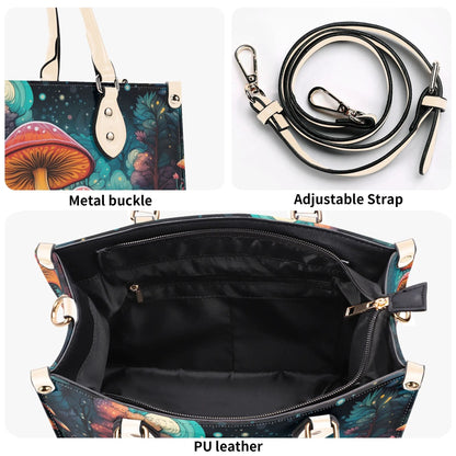 Enchanted Mushroom Grove Tote Handbag. Square Handbag, Waterproof PU Leather Tote, Top Handle Vegan Leather, Crossbody, Shoulder bag.