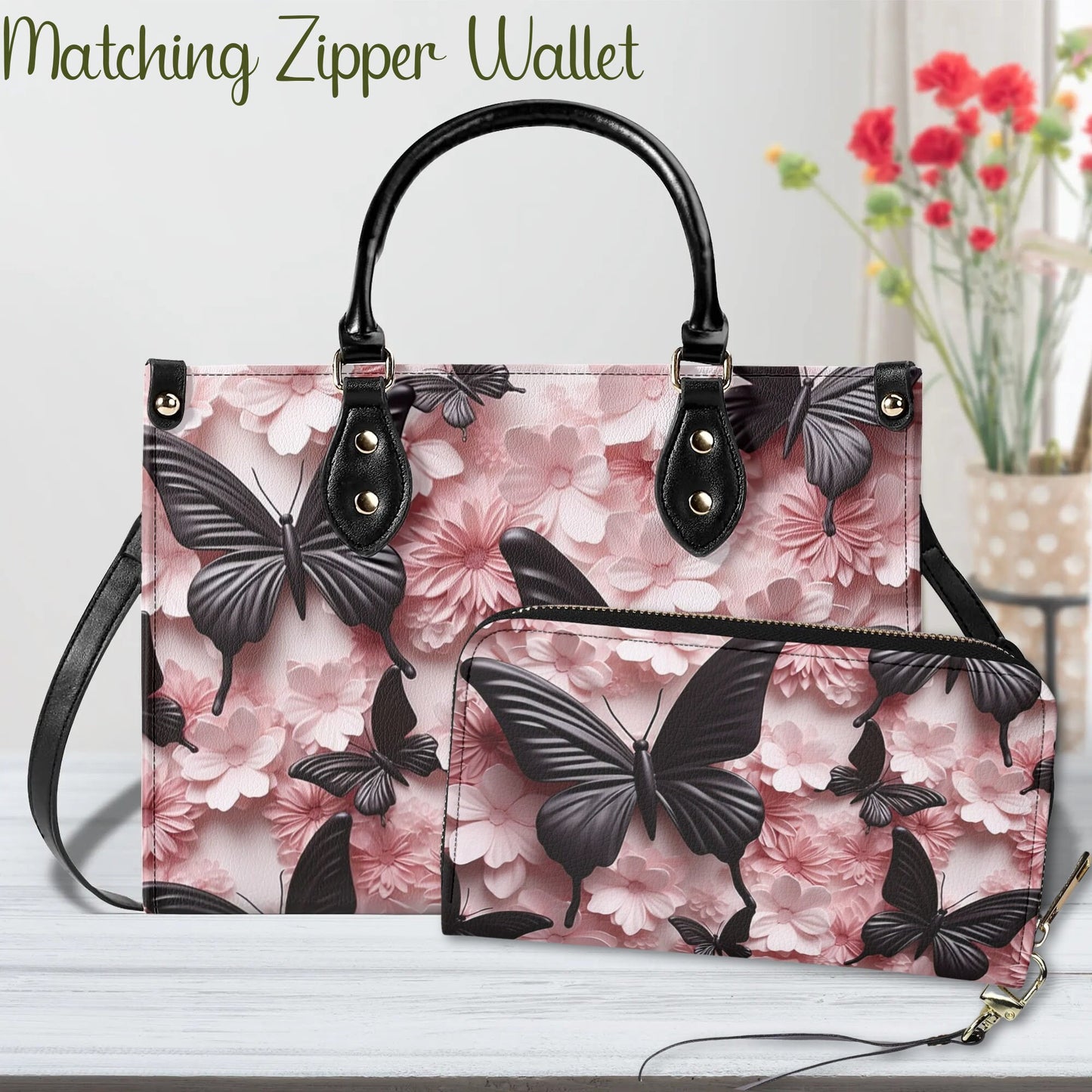Black Butterfly Chic Tote Handbag. Pink Handbag, Waterproof PU Leather Tote, Top Handle Vegan Leather, Crossbody, Shoulder bag.
