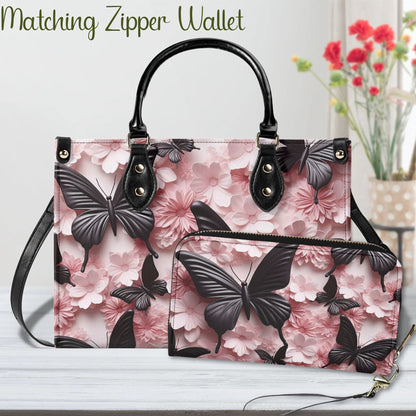 Black Butterfly Chic Tote Handbag. Pink Handbag, Waterproof PU Leather Tote, Top Handle Vegan Leather, Crossbody, Shoulder bag.
