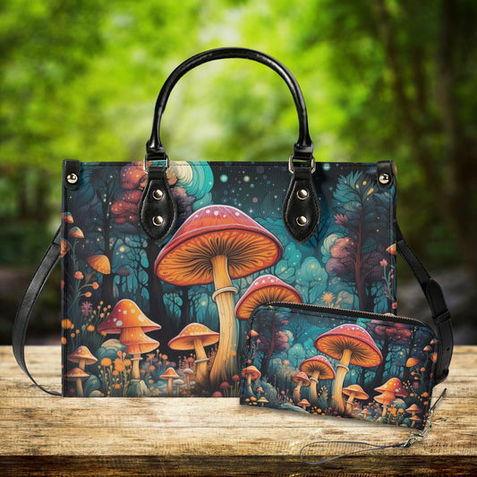 Enchanted Mushroom Grove Tote Handbag. Square Handbag, Waterproof PU Leather Tote, Top Handle Vegan Leather, Crossbody, Shoulder bag.