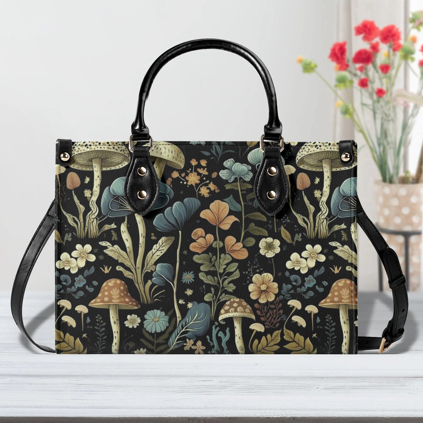 Enchanted Forest Tote. Multi-pocket PU Leather Handbag For Women, Square Vegan Leather Purse, For Mom, Versatile Handbag