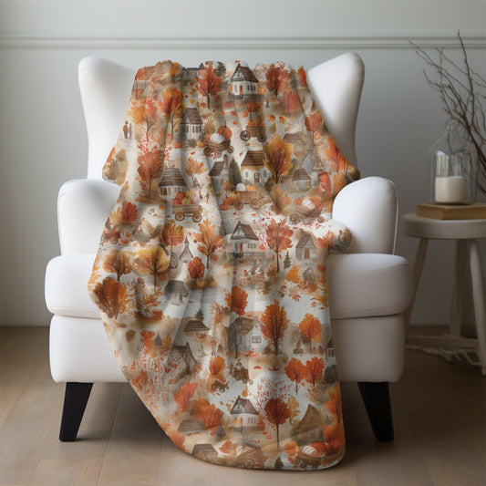 Fall Village Blanket Fall Home Decor Thanksgiving Throw Harvest Season Fleece Blanket Pumpkins Bedding Autumn Leaves Tree Lover Gift for Mom