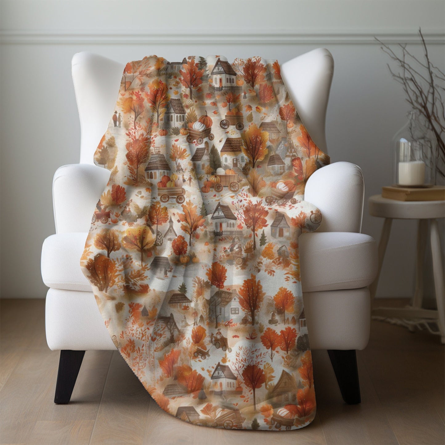 Fall Village Blanket Fall Home Decor Thanksgiving Throw Harvest Season Fleece Blanket Pumpkins Bedding Autumn Leaves Tree Lover Gift for Mom