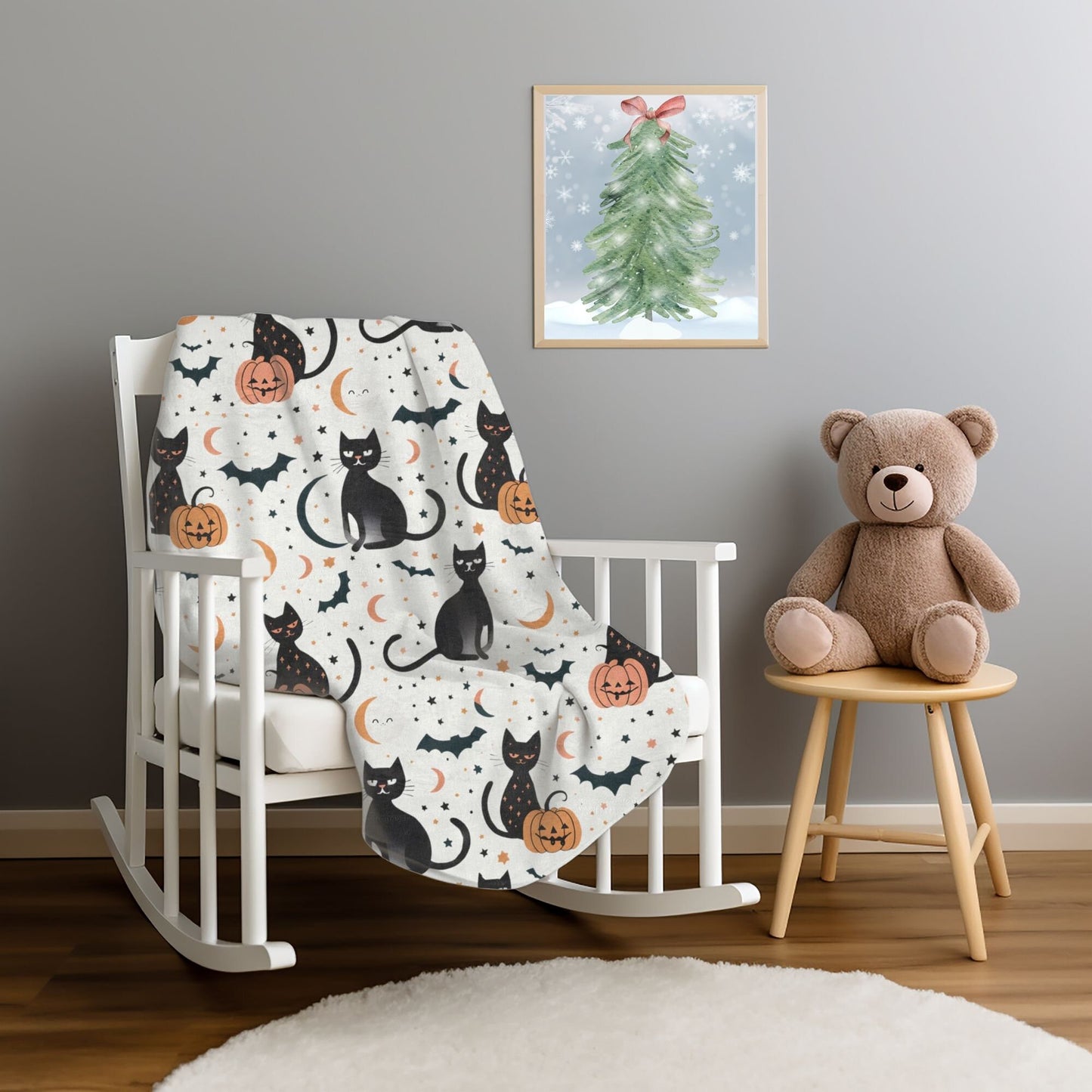 Retro Halloween Blanket Halloween Home Decor Spooky Fleece Throw Black Cat Bats Pumpkin Minky Bedding Moon and Stars Bed Spread Celestial