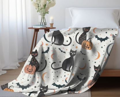 Retro Halloween Blanket Halloween Home Decor Spooky Fleece Throw Black Cat Bats Pumpkin Minky Bedding Moon and Stars Bed Spread Celestial