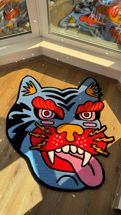Tiger Head Rug – Custom Handmade Tufted Rug, Bold Traditional Asian Tiger Face Carpet, Cool Animal Decor for Art Room or Studio