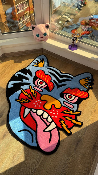 Tiger Head Rug – Custom Handmade Tufted Rug, Bold Traditional Asian Tiger Face Carpet, Cool Animal Decor for Art Room or Studio