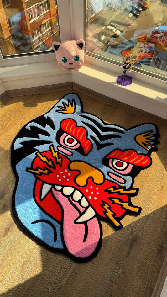 Tiger Head Rug – Custom Handmade Tufted Rug, Bold Traditional Asian Tiger Face Carpet, Cool Animal Decor for Art Room or Studio