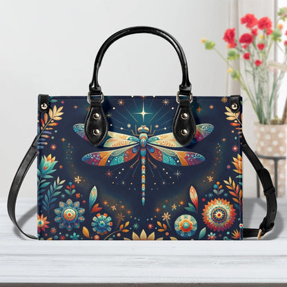 Celestial Dragonfly Tote Bag. Multi-pocket PU Leather Handbag. Square Vegan Leather Purse.  Crossbody Bag