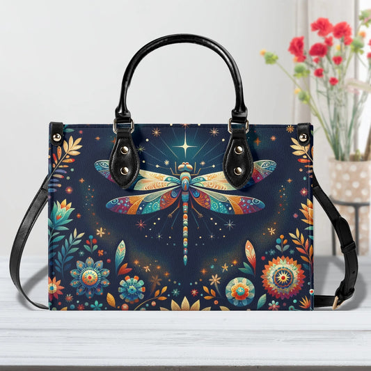 Celestial Dragonfly Tote Bag. Multi-pocket PU Leather Handbag. Square Vegan Leather Purse.  Crossbody Bag