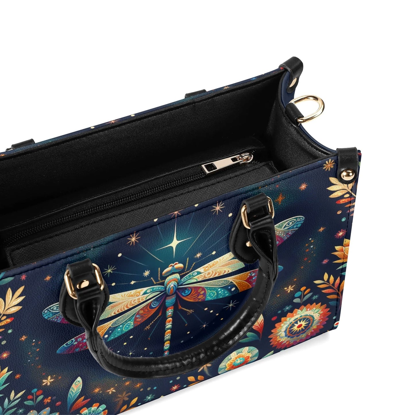 Celestial Dragonfly Tote Bag. Multi-pocket PU Leather Handbag. Square Vegan Leather Purse.  Crossbody Bag