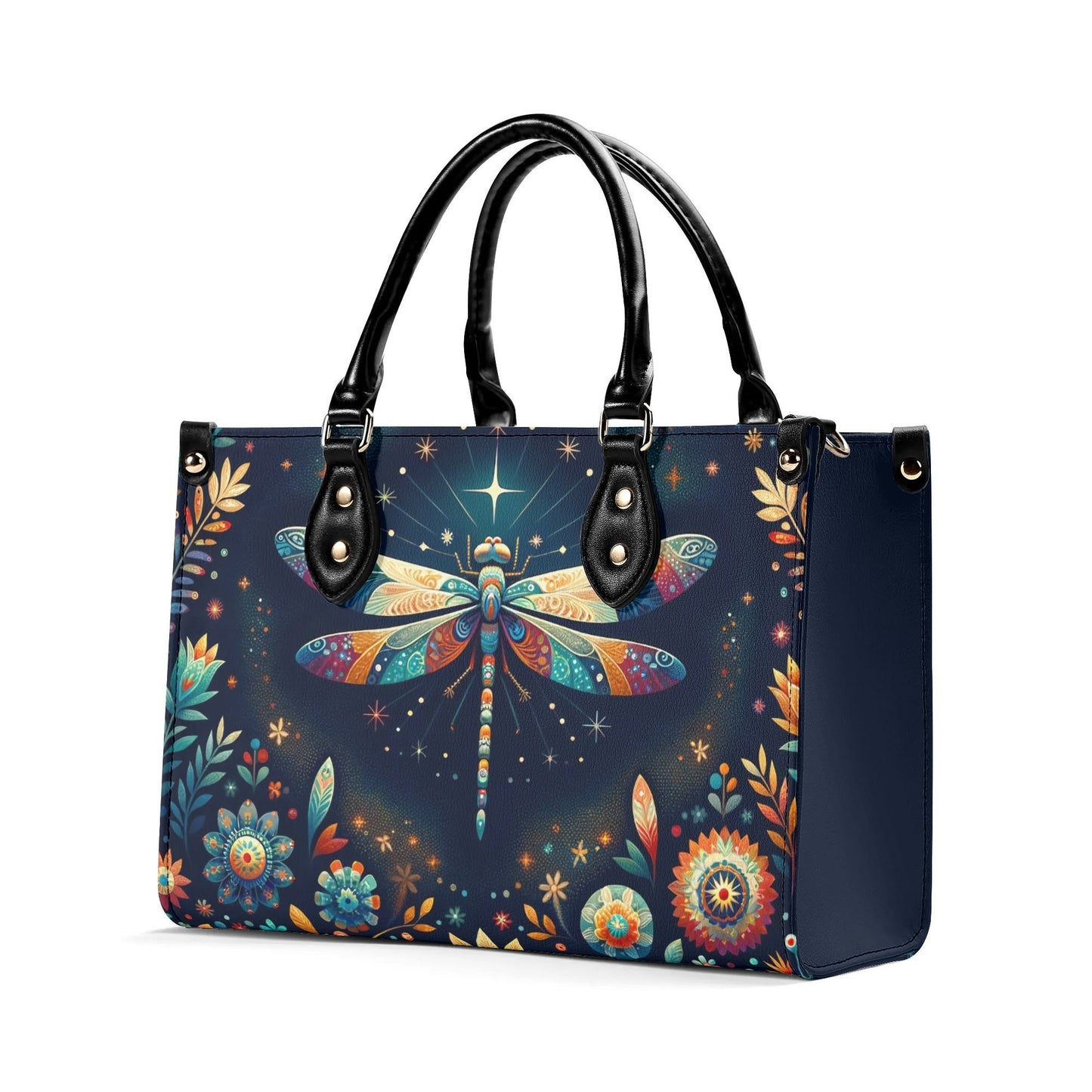 Celestial Dragonfly Tote Bag. Multi-pocket PU Leather Handbag. Square Vegan Leather Purse.  Crossbody Bag
