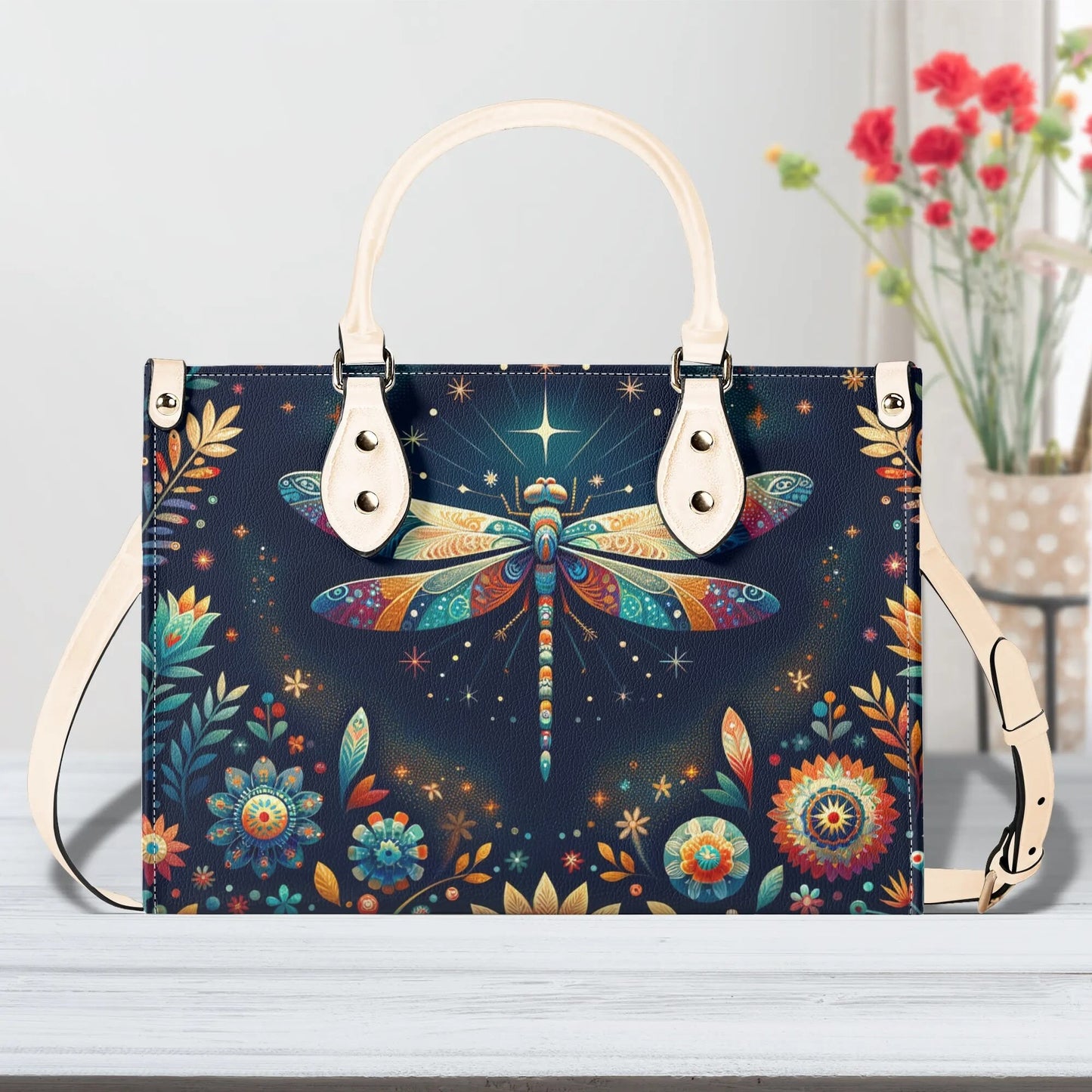 Celestial Dragonfly Tote Bag. Multi-pocket PU Leather Handbag. Square Vegan Leather Purse.  Crossbody Bag
