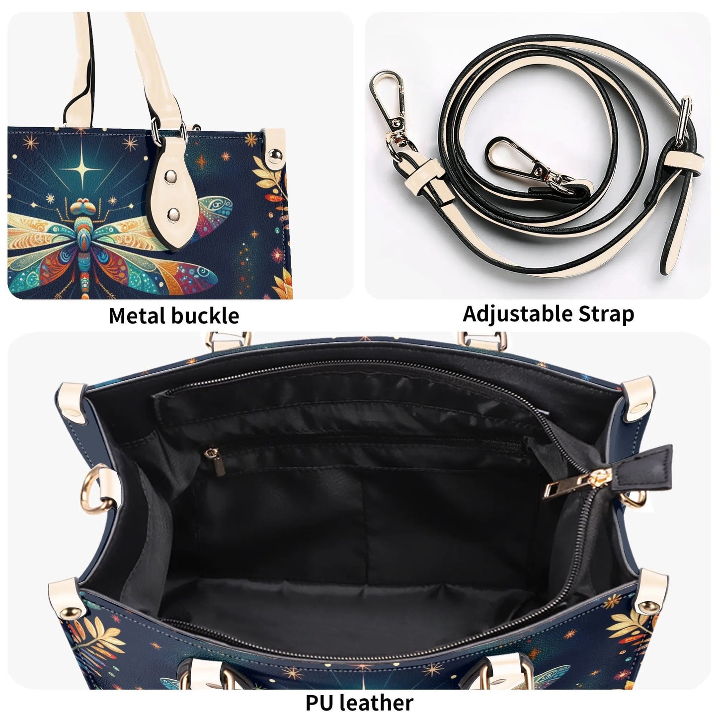Celestial Dragonfly Tote Bag. Multi-pocket PU Leather Handbag. Square Vegan Leather Purse.  Crossbody Bag
