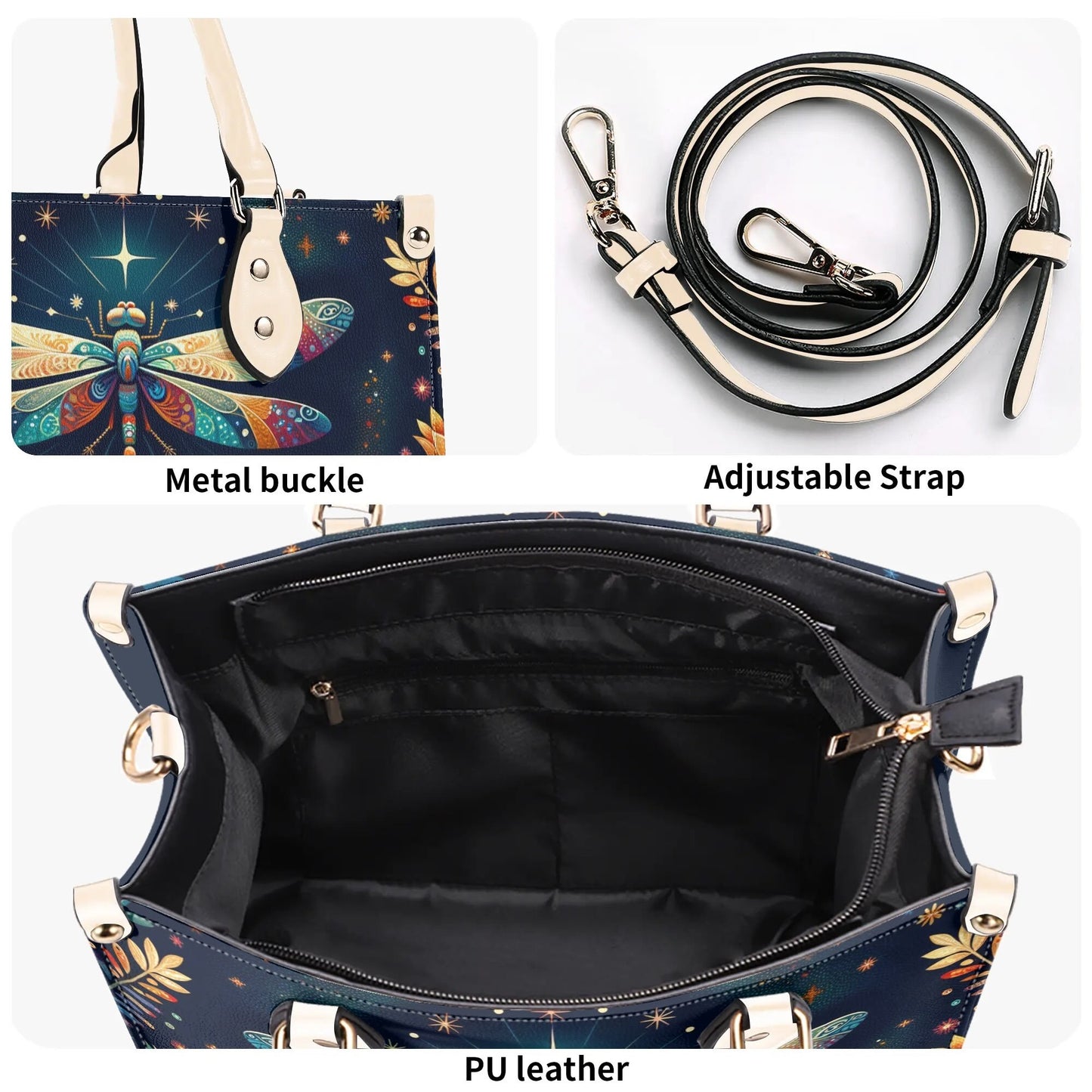 Celestial Dragonfly Tote Bag. Multi-pocket PU Leather Handbag. Square Vegan Leather Purse.  Crossbody Bag