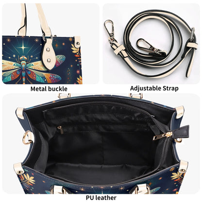Celestial Dragonfly Tote Bag. Multi-pocket PU Leather Handbag. Square Vegan Leather Purse.  Crossbody Bag