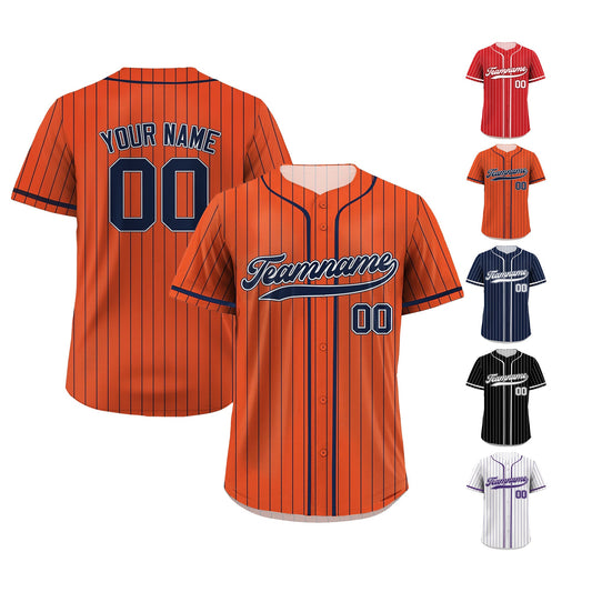 Printed Orange Navy Pinstripe Custom Baseball Jersey with Teamname Name Number, Jerseys Shirt for Men Women Youth Kid, Gift for Baseball Fan