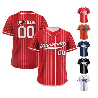 Printed Red White Pinstripe Custom Baseball Jersey with Teamname Name Number, Jersey Shirt for Men Women Youth Kid, Gift for Baseball Fans