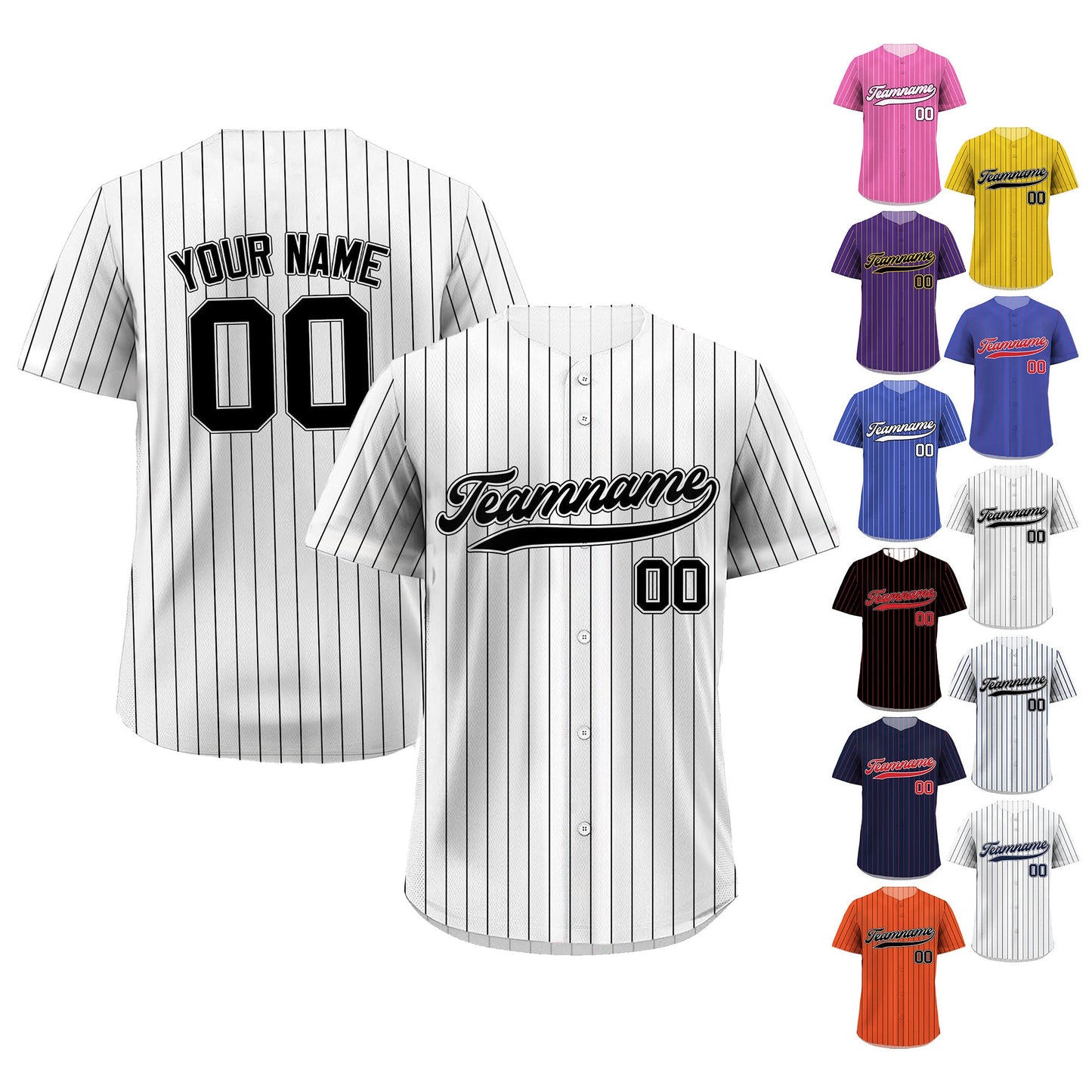 Printed White Black Pinstripe Custom Baseball Jersey with Teamname Name Number, Jersey Shirt for Men Women Youth Kid, Gift for Baseball Fans