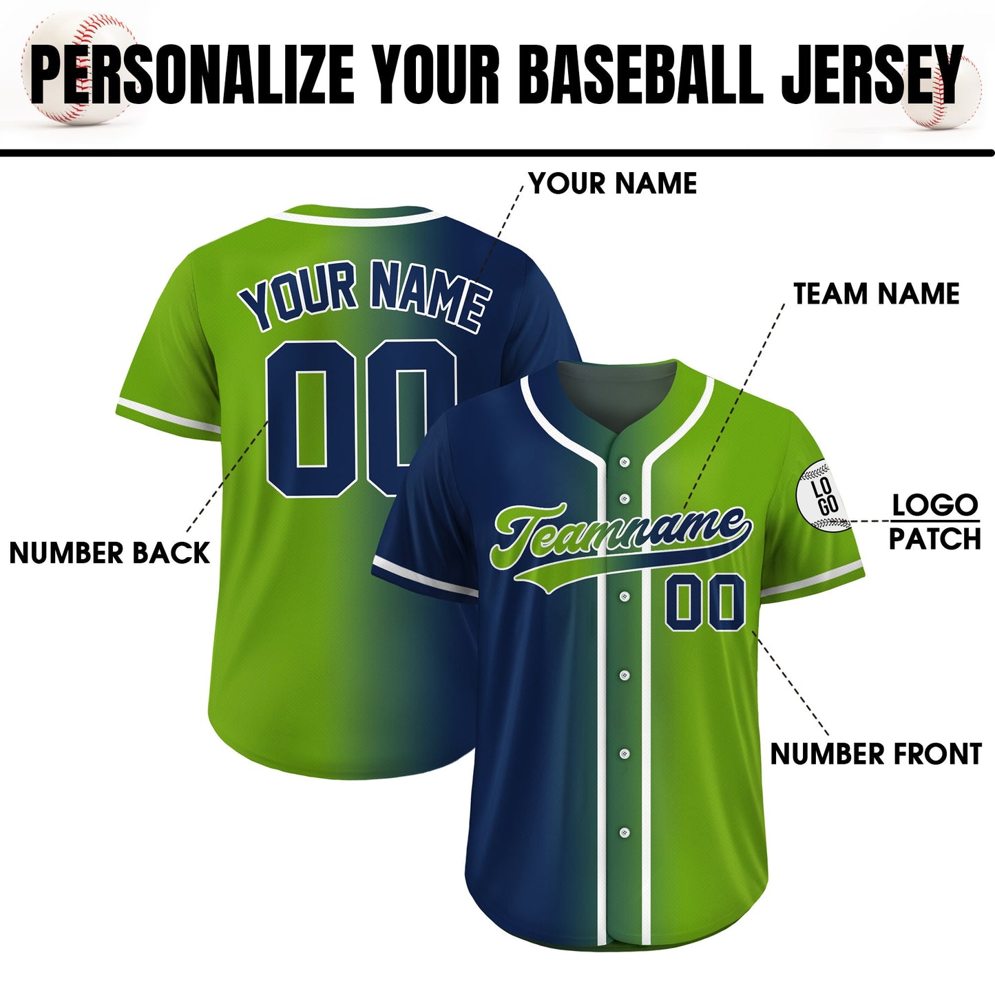 Custom Baseball Jersey Gradient with Teamname Name Number, Custom Jersey Shirt for Men Women Youth Kid, Gift for Baseball Fans Green Navy