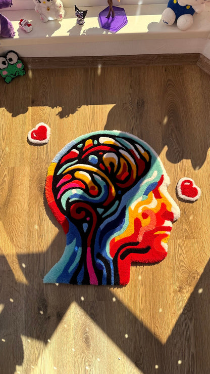 Melting Brain Tufted Rug – Handmade Abstract Human Head Carpet, Custom Drippy Art for Creative Spaces, Surreal Room Decor