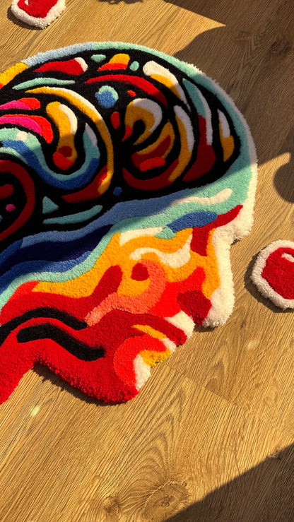 Melting Brain Tufted Rug – Handmade Abstract Human Head Carpet, Custom Drippy Art for Creative Spaces, Surreal Room Decor