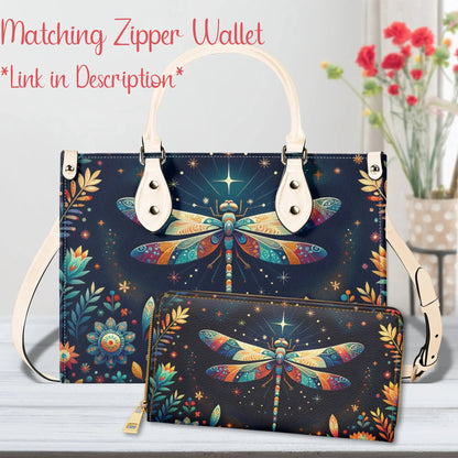Celestial Dragonfly Tote Bag. Multi-pocket PU Leather Handbag. Square Vegan Leather Purse.  Crossbody Bag