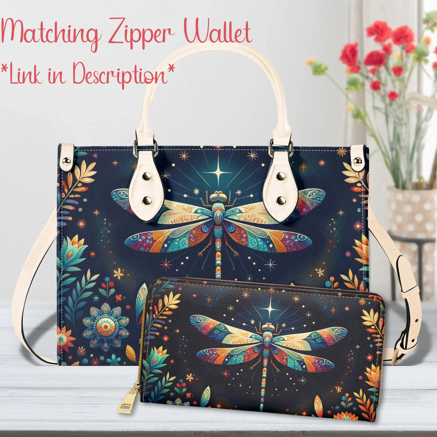 Celestial Dragonfly Tote Bag. Multi-pocket PU Leather Handbag. Square Vegan Leather Purse.  Crossbody Bag