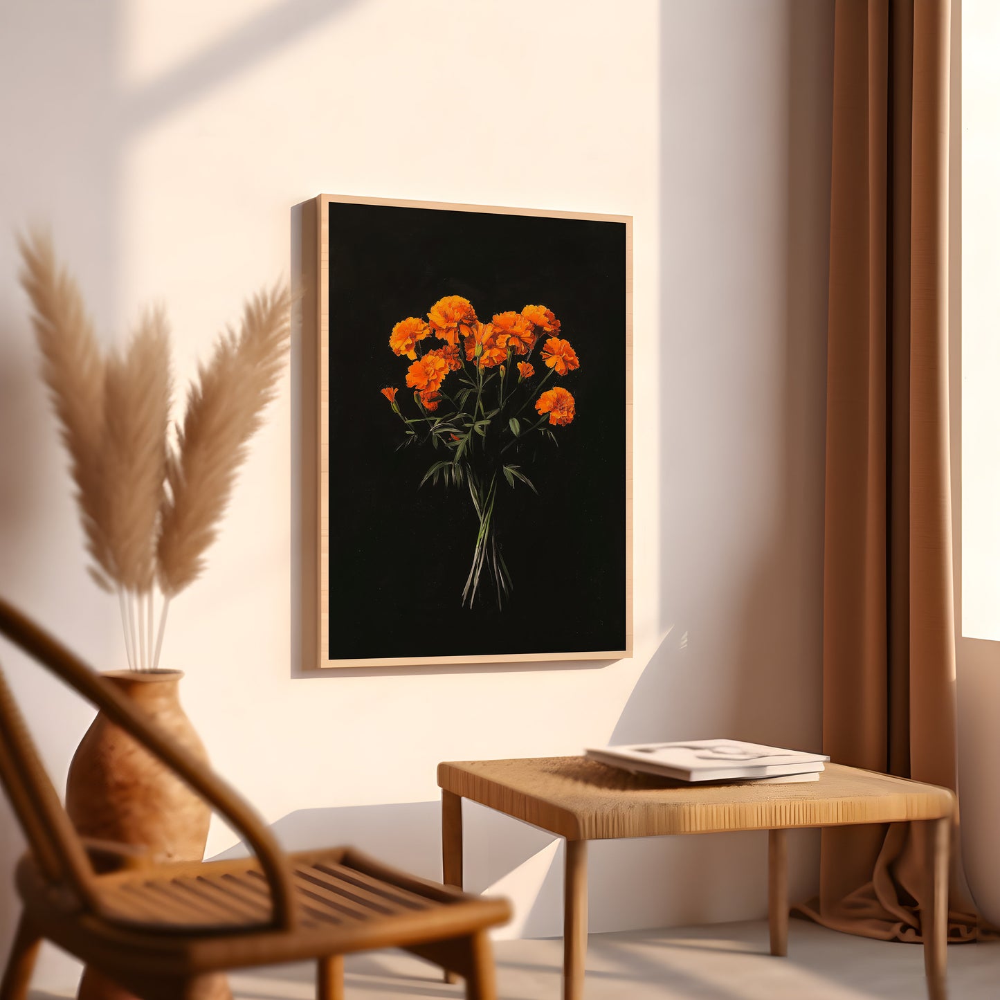 Vintage Orange Marigolds Oil Painting Black Gothic Antique Flower Print Illustration Botanical Farmhouse October Birth Flower Birthday Gift