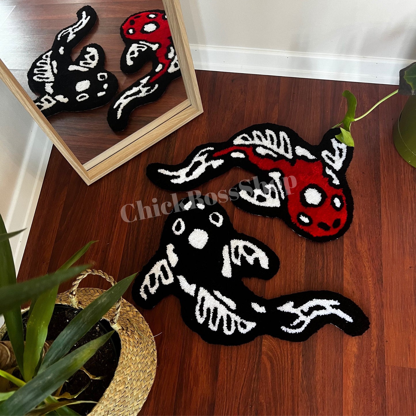Koi Fish Yin Yang Rug: Asian Tufted Accent Rug, Red & Black