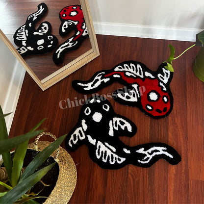 Koi Fish Yin Yang Rug: Asian Tufted Accent Rug, Red & Black