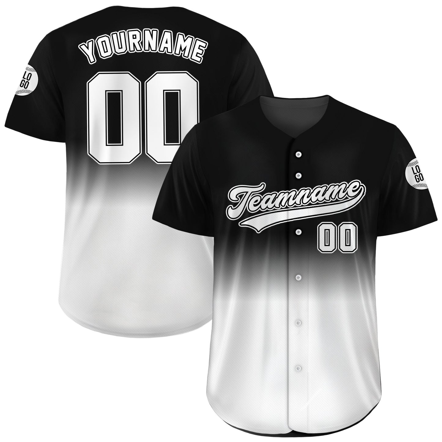 Personalized Team Name Number Logo Baseball Jersey, Custom Jersey for Men Women Youth Kid, Printed Black White Gradient Jersey Button Down
