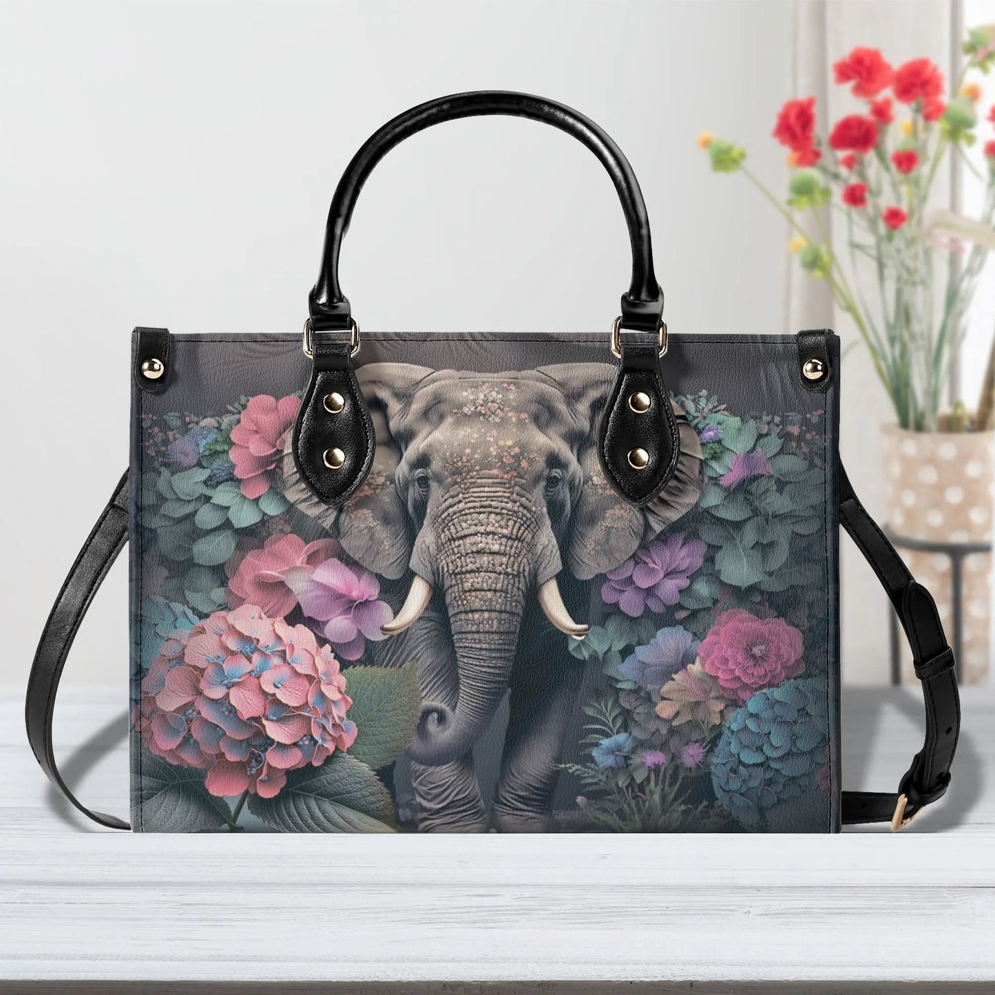 Elephants Garden Gala Handbag. Colorful Handbag, Waterproof PU Leather Tote, Top Handle Vegan Leather, Crossbody, Shoulder bag.