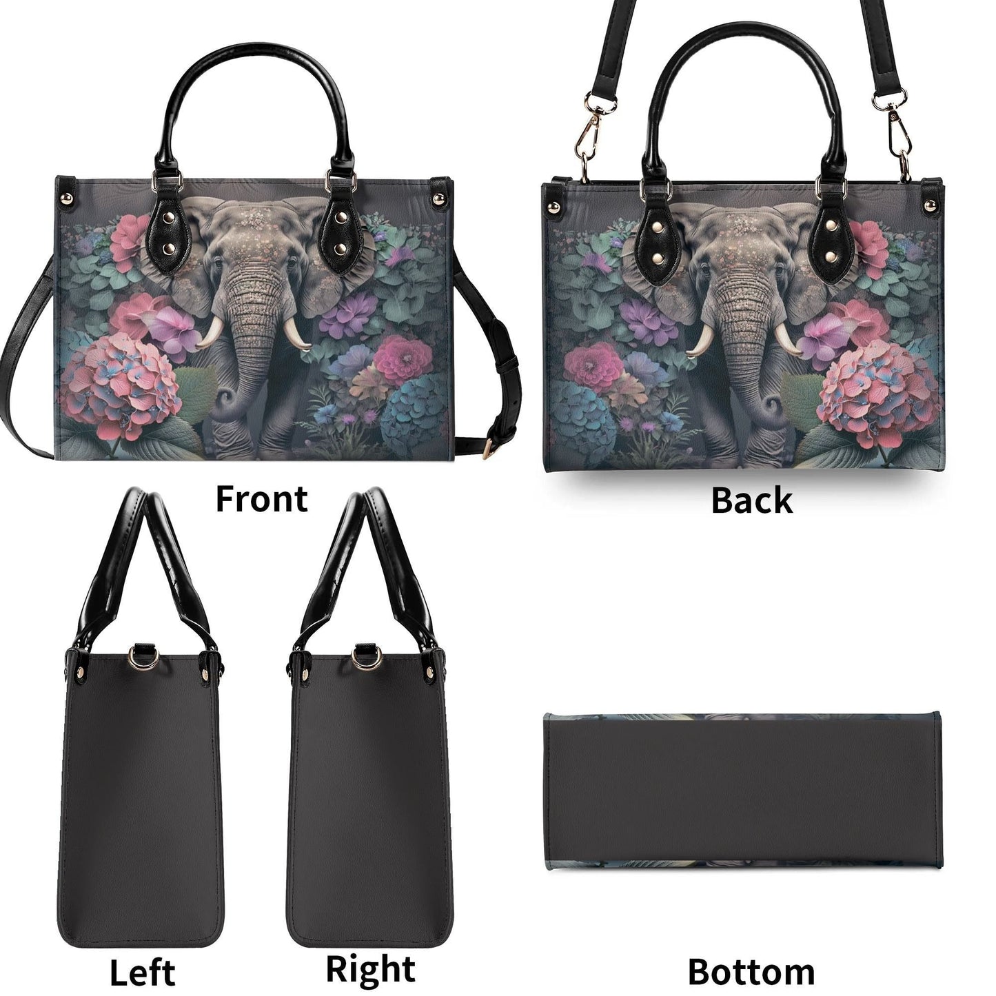 Elephants Garden Gala Handbag. Colorful Handbag, Waterproof PU Leather Tote, Top Handle Vegan Leather, Crossbody, Shoulder bag.