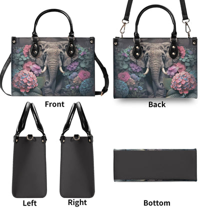 Elephants Garden Gala Handbag. Colorful Handbag, Waterproof PU Leather Tote, Top Handle Vegan Leather, Crossbody, Shoulder bag.