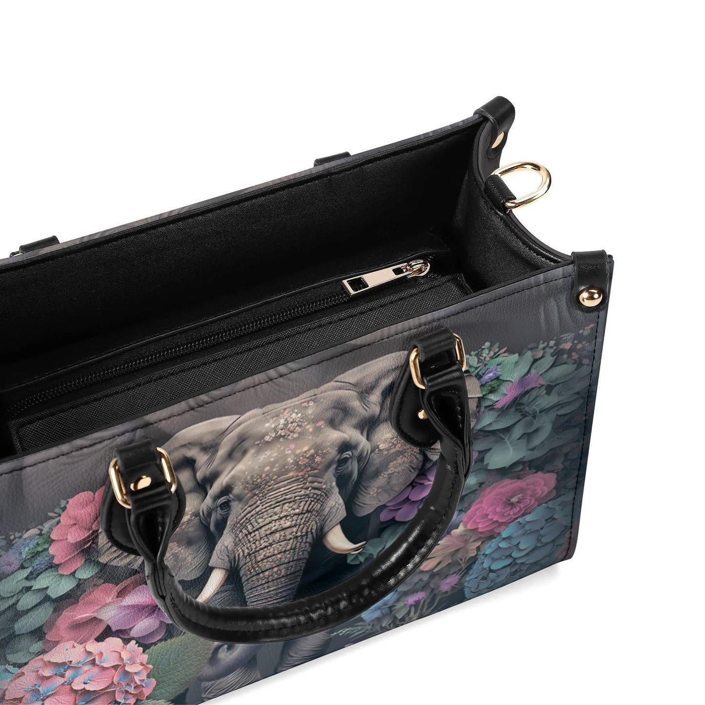 Elephants Garden Gala Handbag. Colorful Handbag, Waterproof PU Leather Tote, Top Handle Vegan Leather, Crossbody, Shoulder bag.