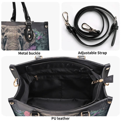Elephants Garden Gala Handbag. Colorful Handbag, Waterproof PU Leather Tote, Top Handle Vegan Leather, Crossbody, Shoulder bag.