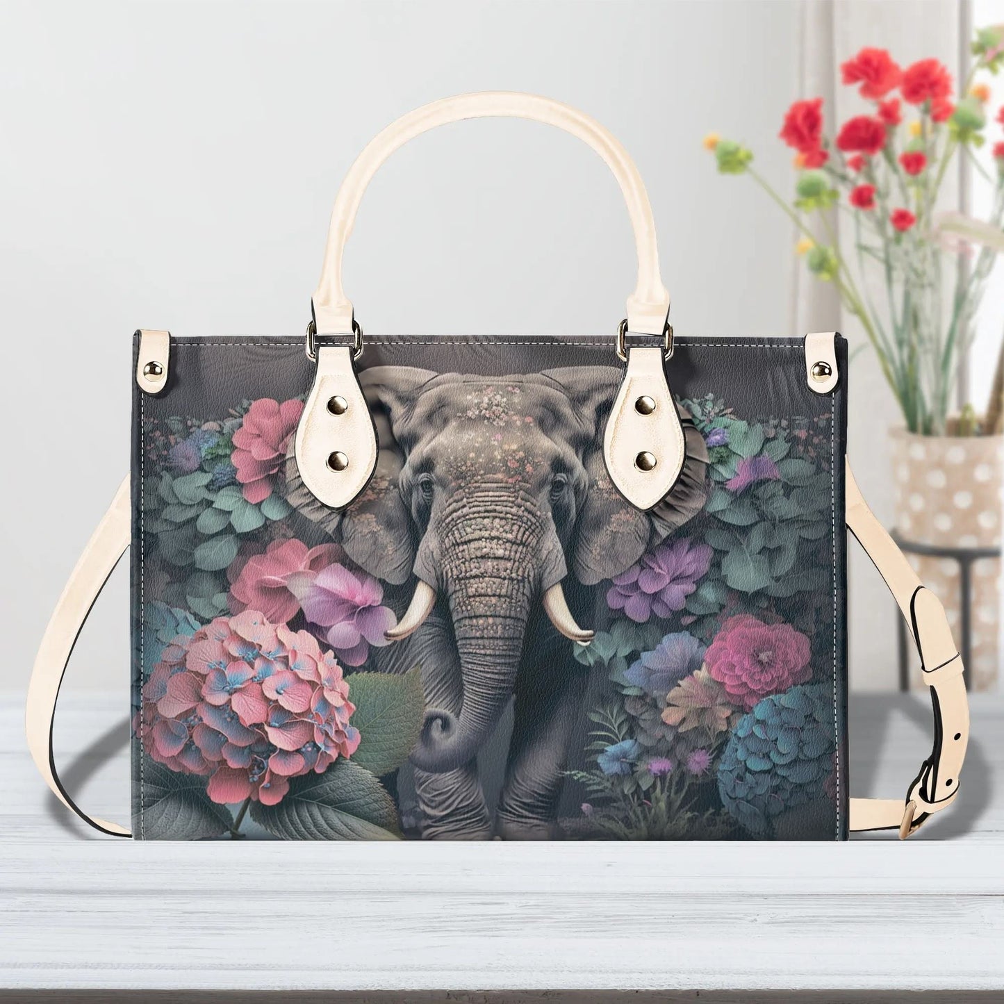 Elephants Garden Gala Handbag. Colorful Handbag, Waterproof PU Leather Tote, Top Handle Vegan Leather, Crossbody, Shoulder bag.