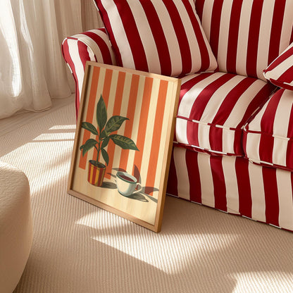 Retro Coffee Print, Retro Cafe, Coffee Art, Warm Stripes, Food Drink Kitchen Poster, Dining Room Art, Coffee Lover Gift, Plants, Minimalist