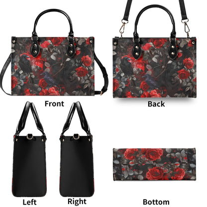 Gothic Rose Tote Handbag. Colorful Handbag, Waterproof PU Leather Tote, Top Handle Vegan Leather, Crossbody, Shoulder bag.
