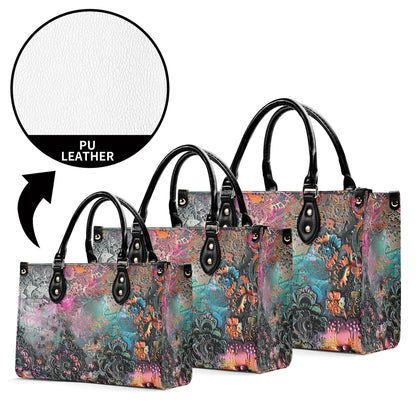 Dark Enchantment Tote Handbag. Colorful Handbag, Waterproof PU Leather Tote, Top Handle Vegan Leather, Crossbody, Shoulder bag.