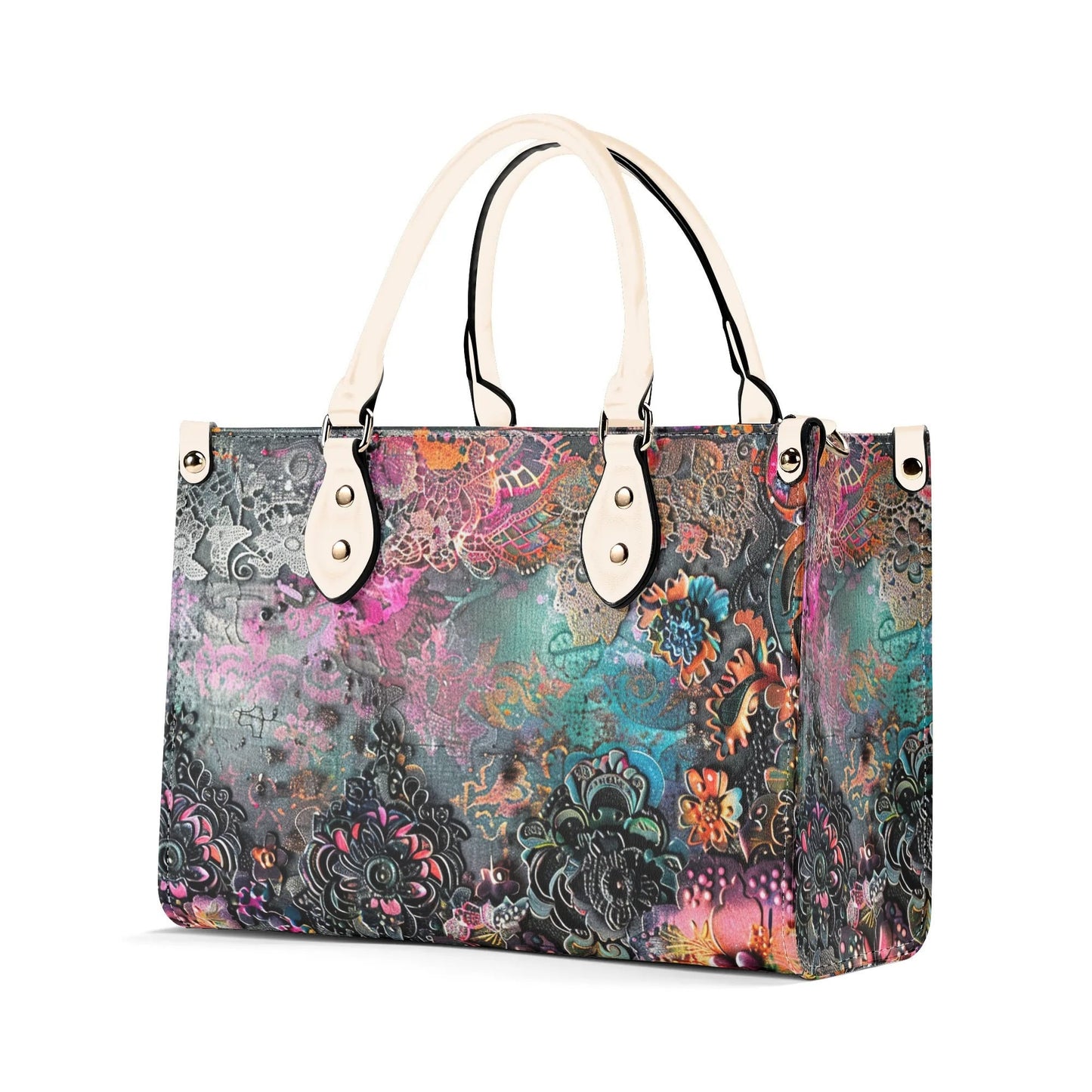 Dark Enchantment Tote Handbag. Colorful Handbag, Waterproof PU Leather Tote, Top Handle Vegan Leather, Crossbody, Shoulder bag.