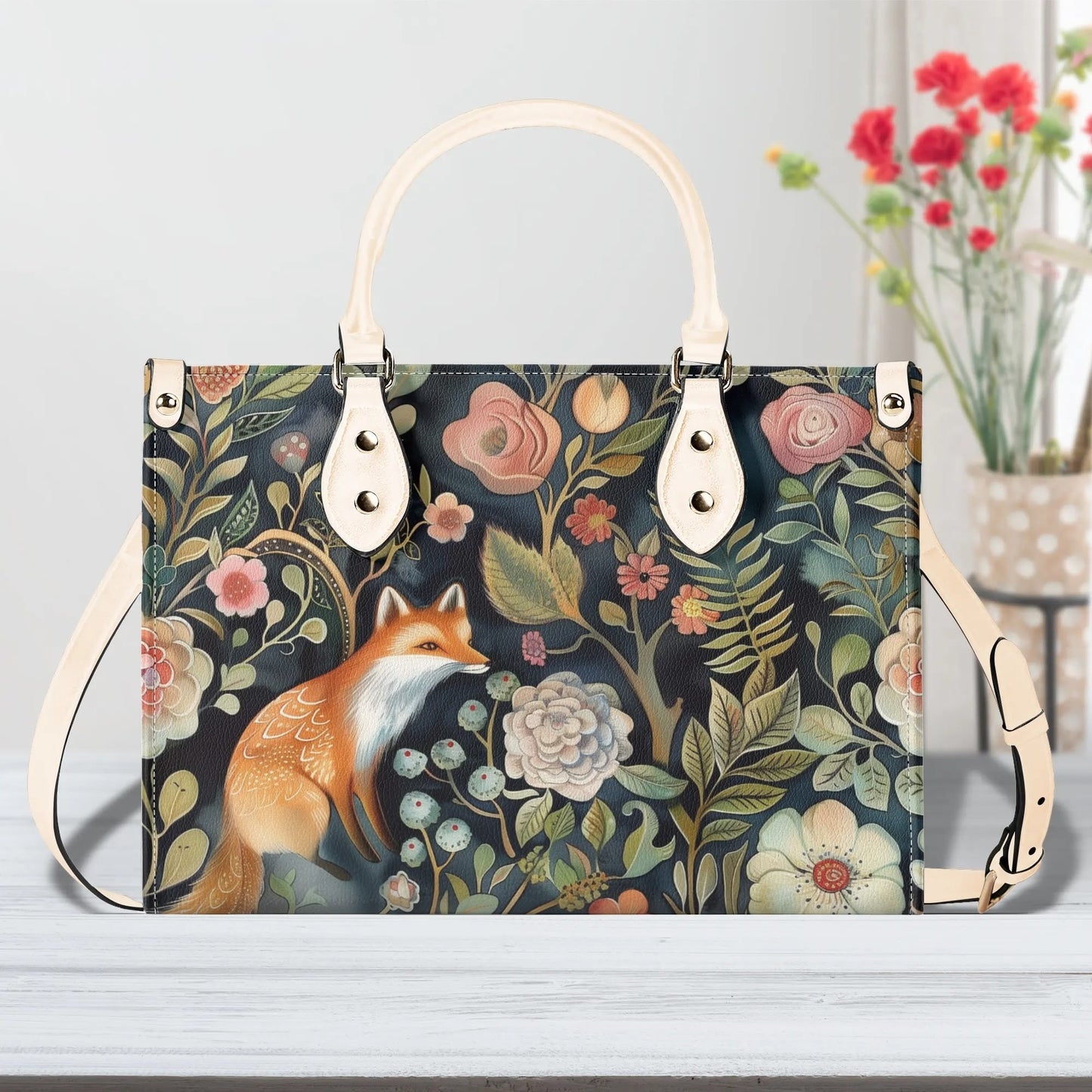 Enchanted Fox Grove Tote Handbag. Colorful Handbag, Waterproof PU Leather Tote, Top Handle Vegan Leather, Crossbody, Shoulder bag.