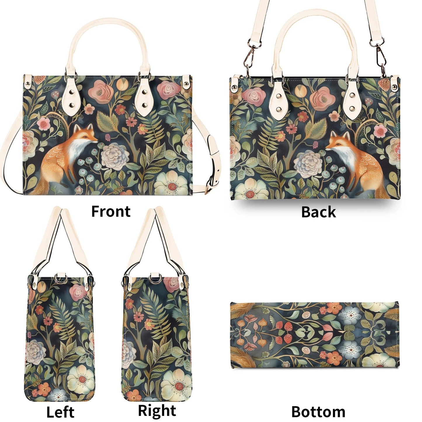 Enchanted Fox Grove Tote Handbag. Colorful Handbag, Waterproof PU Leather Tote, Top Handle Vegan Leather, Crossbody, Shoulder bag.